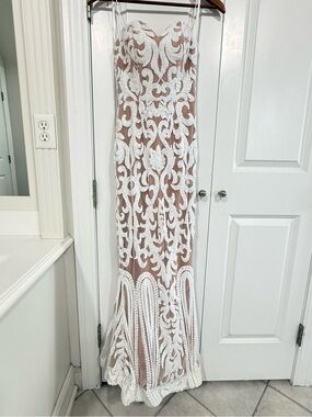 Strapless Nude Sheer Gown with White Lace Appliqué VAL STEFANI